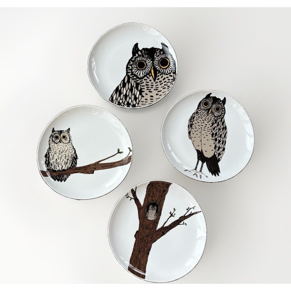 West Elm Owl Salad Plates Set of 4 Rachel Kozlowski Organic Porcelain Dessert